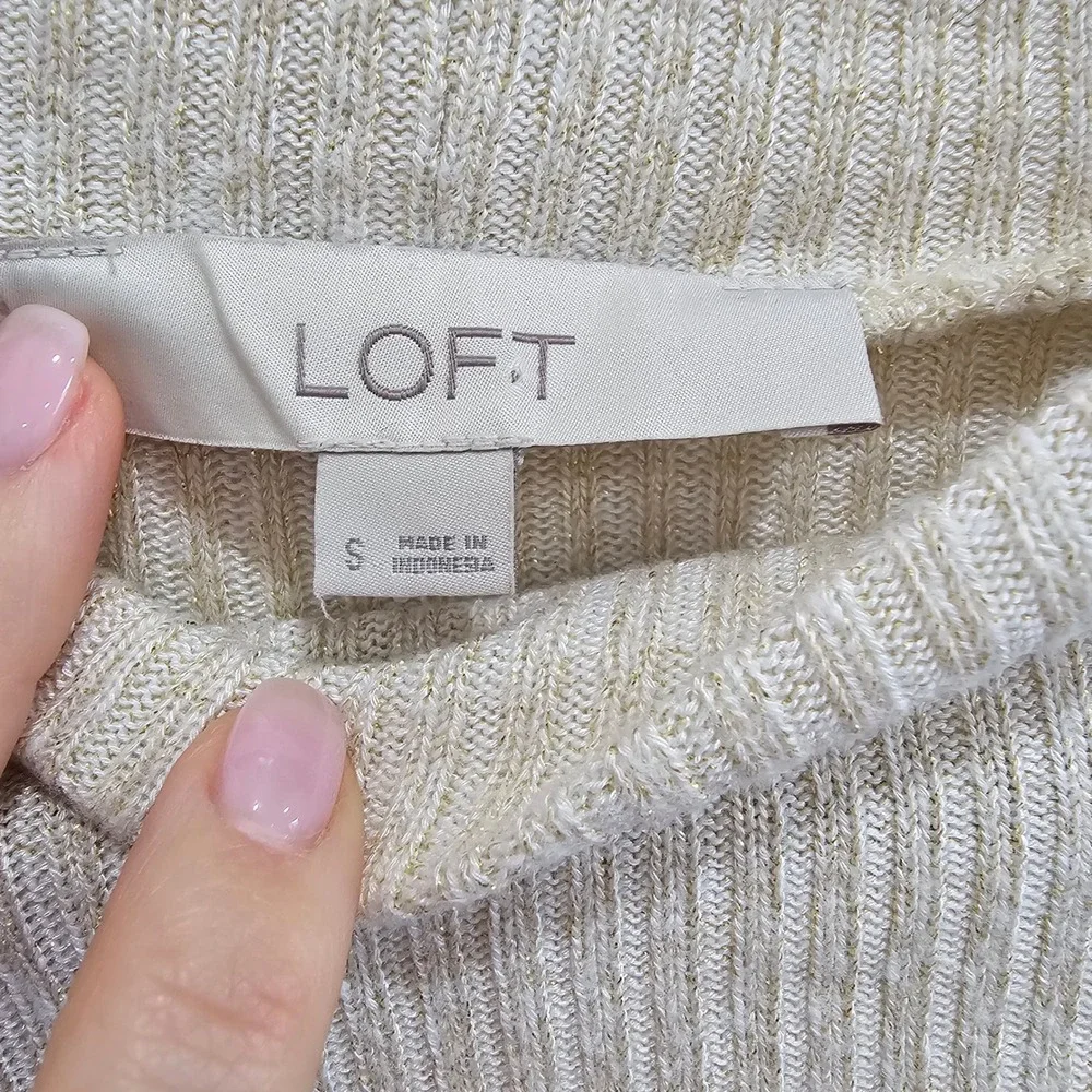 LOFT Womens Small Cream Gold Metallic Ribbed Mock Neck Puff Sleeve Knit Top